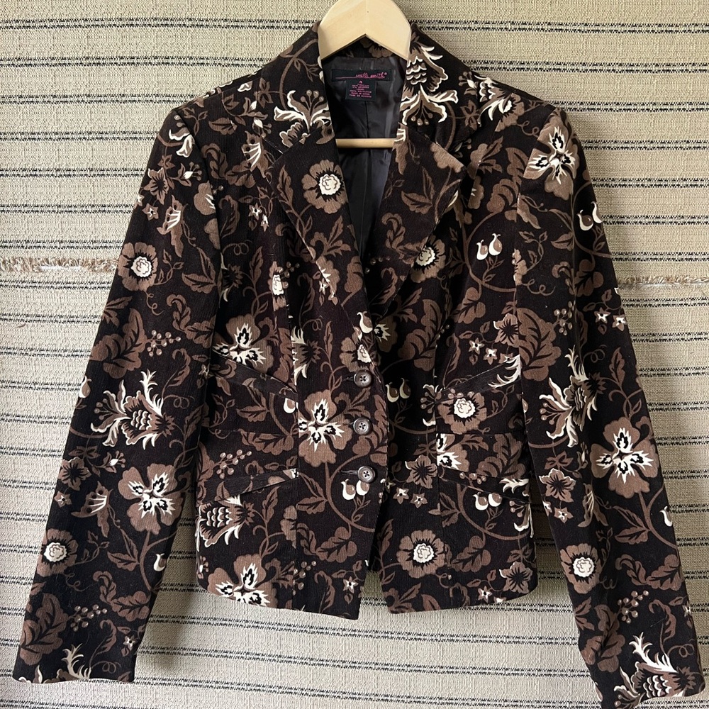 Willi Smith White and Brown Floral Corduroy Structured, Fitted Blazer